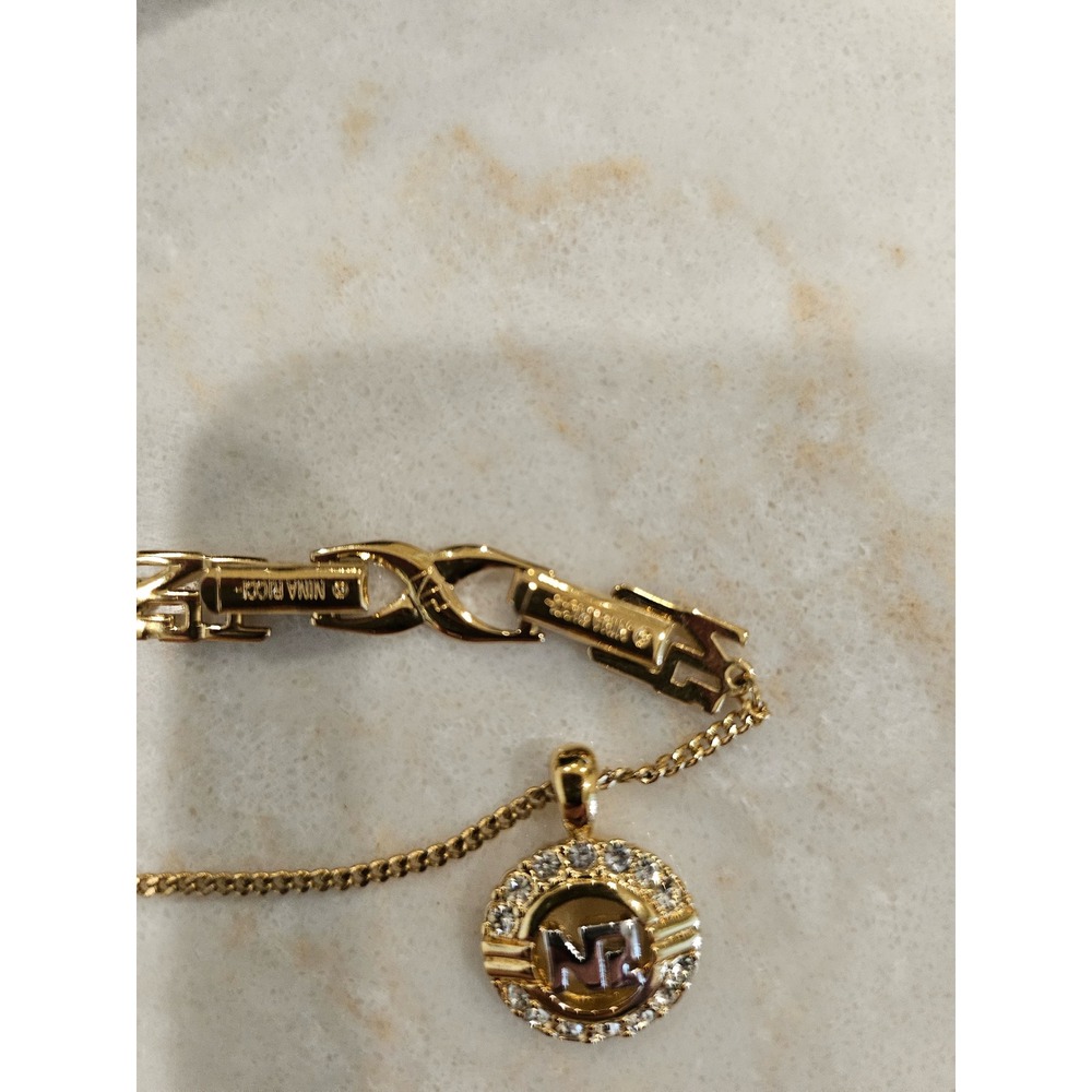 Nina Ricci Gold Pendant Necklace Rhinestone Logo Designer Jewelry - Picture 4 of 6